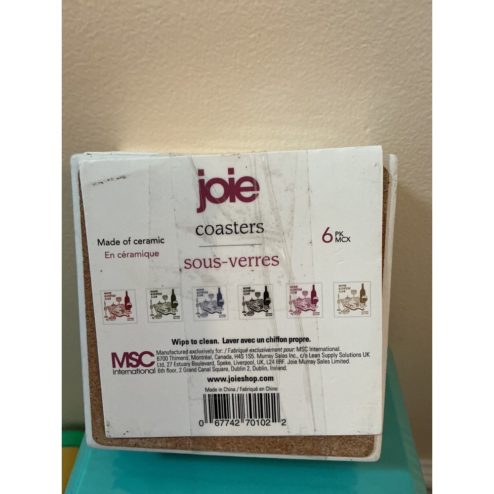 Joie Wine and Cheese Club Ceramic Coasters Set of 6 Cork Backed White Burgundy - Picture 3 of 4